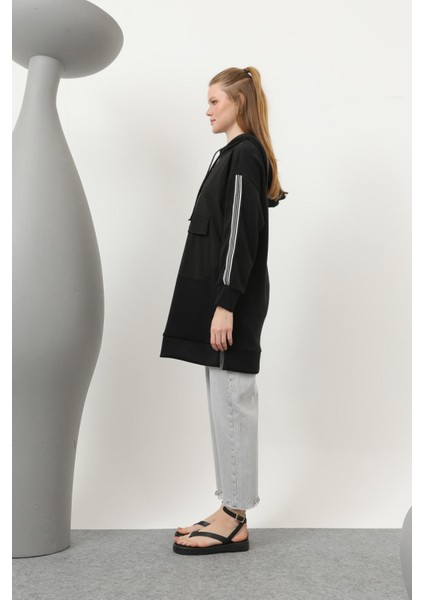 10610 Kadın Önü Fermuar Detaylı Kapişonlu Tunik modelleri