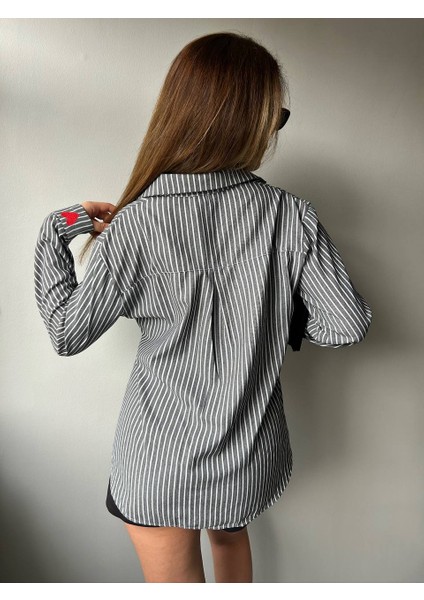 Oversize Kalp Nakışlı Çizgili Gömlek modelleri