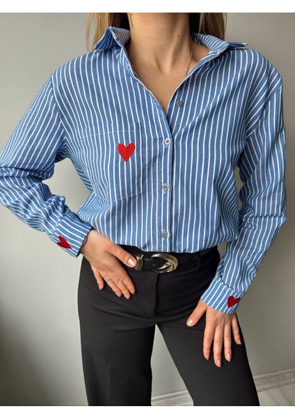 Oversize Kalp Nakışlı Çizgili Gömlek