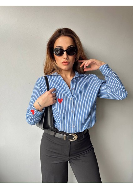 Oversize Kalp Nakışlı Çizgili Gömlek fiyatları