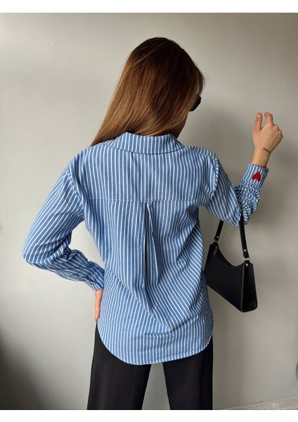 Oversize Kalp Nakışlı Çizgili Gömlek fırsatları