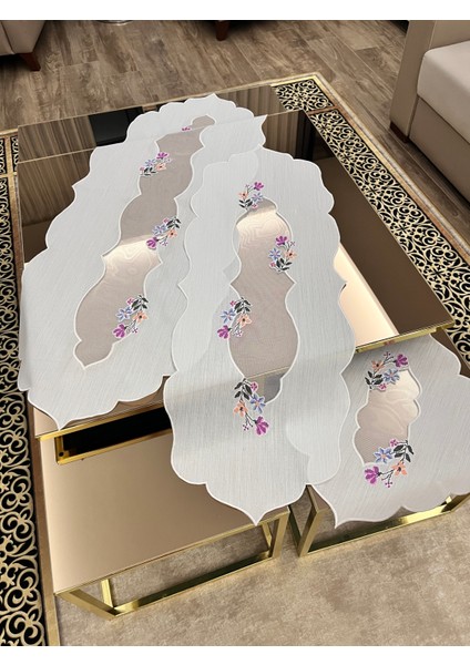 Krem Renk, Keten, Tül Detaylı,kanaviçe Işleme,salon Takımı, Runner Seti