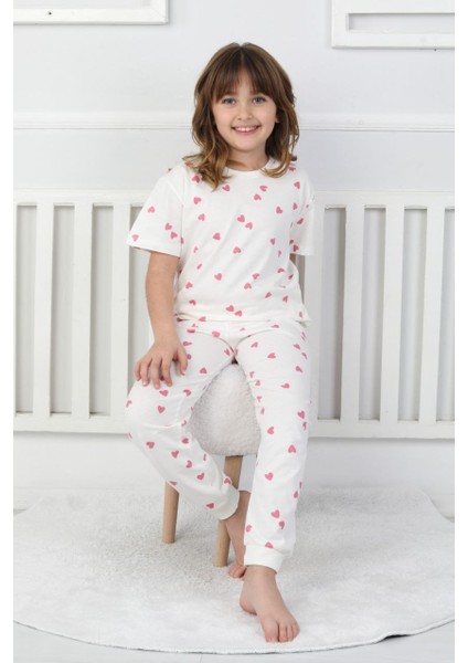 Kız Çocuk %100 Pamuk Kalp Desenli Pijama Takımı - Yazlık, Terletmez, Dayanıklı, Çekmez, Solmaz