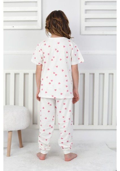 Kız Çocuk %100 Pamuk Kalp Desenli Pijama Takımı - Yazlık, Terletmez, Dayanıklı, Çekmez, Solmaz