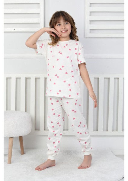 Kız Çocuk %100 Pamuk Kalp Desenli Pijama Takımı - Yazlık, Terletmez, Dayanıklı, Çekmez, Solmaz