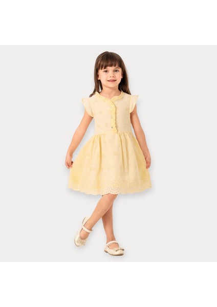 Çiçek Nakışlı Brode Sarı Kız Çocuk Elbise