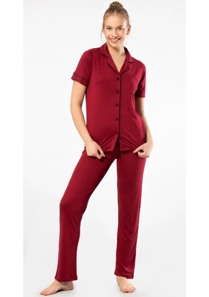 Kadın Bordo Kısa Kollu Pamuklu Düğmeli Pijama