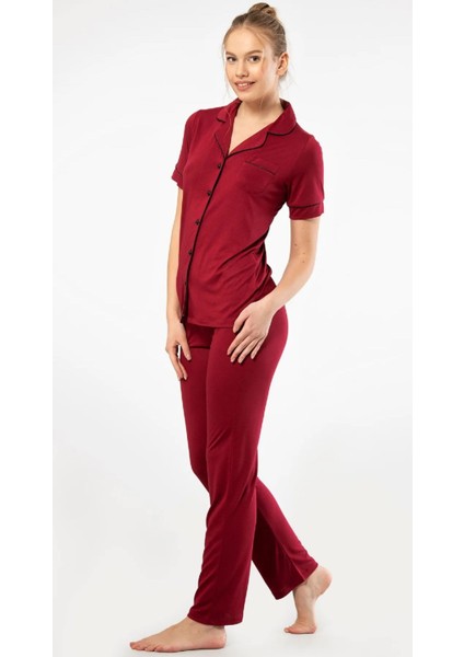 Kadın Bordo Kısa Kollu Pamuklu Düğmeli Pijama