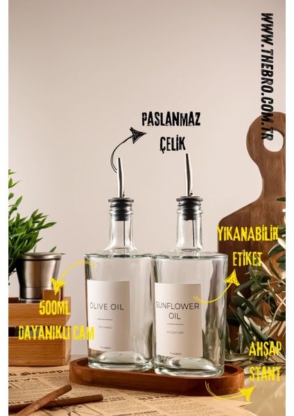 500ML Platinum Serisi Ahşap Stantlı Zeytinyağı ve Ayçiçek Yağı Şişesi