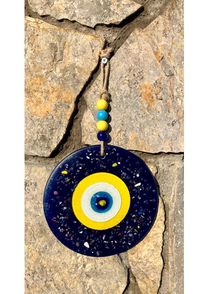 Balkon Süsü Duvar Dekorasyonu Sarı Lacivert Mozaik Cam Taşlı El Yapımı Nazar Boncuğu 20 cm