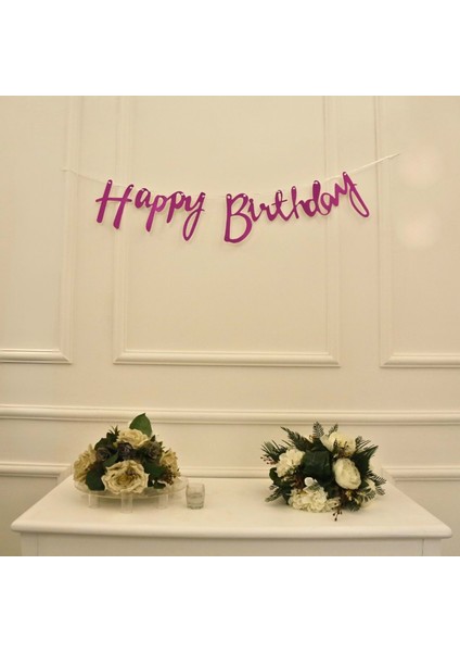 Fuşya Simli Renkli Happy Birthday El Yazısı Banner