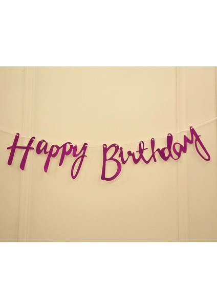 Fuşya Simli Renkli Happy Birthday El Yazısı Banner