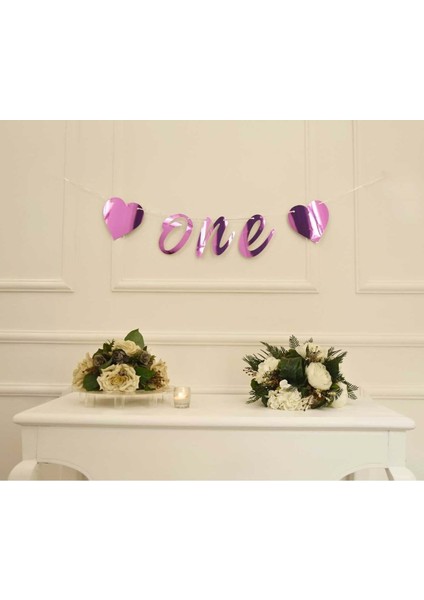 One Yazılı Metalize Pembe Renk Banner Ipli Duvar Süsü 1 Yaş Parti Süsü
