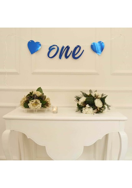 One Yazılı Metalize Mavi Renk Banner Ipli Duvar Süsü 1 Yaş Parti Süsü