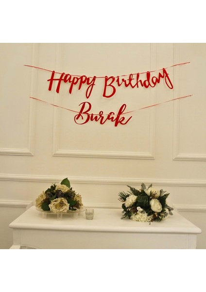 Kişiye Özel Simli Kırmızı Renkli Happy Birthday El Yazısı Banner