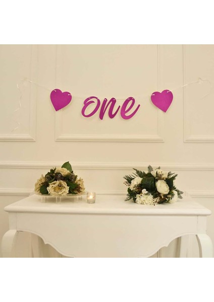 One Yazılı Simli Fuşya Renk Banner Ipli Duvar Süsü 1 Yaş Parti Süsü