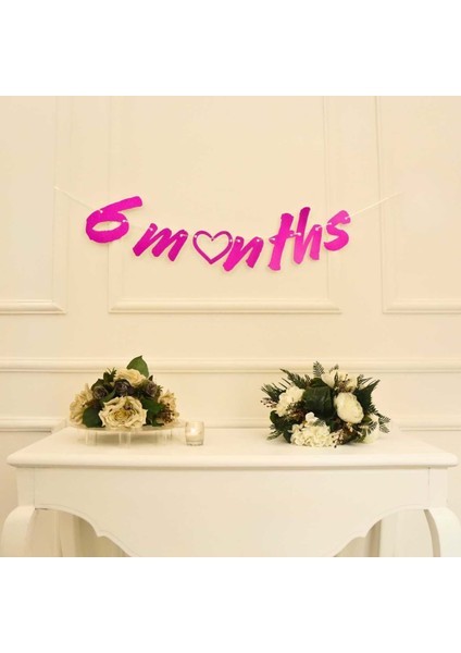 6 Months Simli Pembe Renk Banner Ipli Duvar Süsü Yarım Yaş Altı Ay Parti Süsü