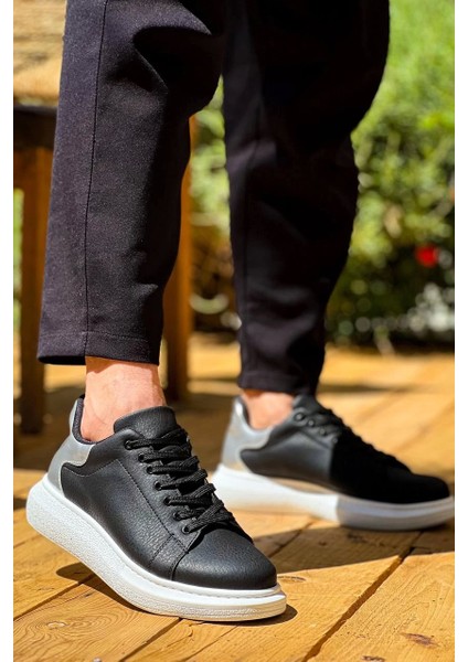 KB-X500 Kuback Siyah Gümüş Yüksek Taban Bağcıklı Günlük Erkek Ayakkabı