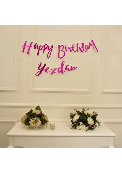Kişiye Özel Simli Pembe Renkli Happy Birthday El Yazısı Banner