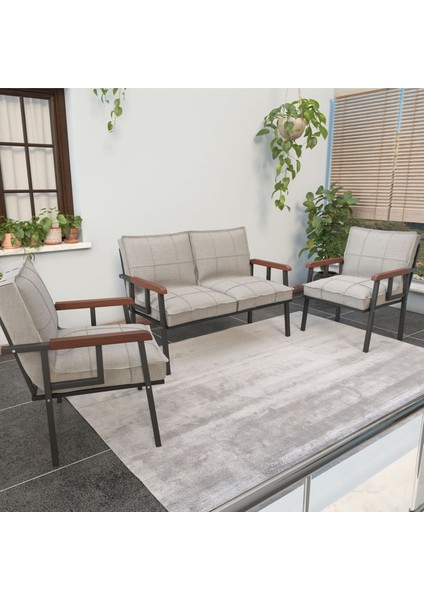 Modern Serisi Balkon, Bahçe, Cafe - Metal Kanepe Koltuk Takımı - 2+1+1 - Krem