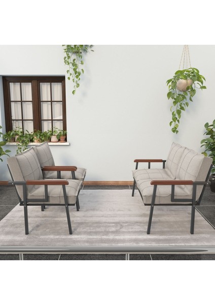 Modern Serisi Balkon, Bahçe, Cafe - Metal Kanepe Koltuk Takımı - 2+1+1 - Krem