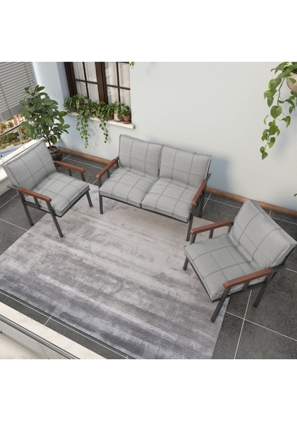 Modern Serisi Balkon, Bahçe, Cafe - Metal Kanepe Koltuk Takımı - 2+1+1 - Açık Gri