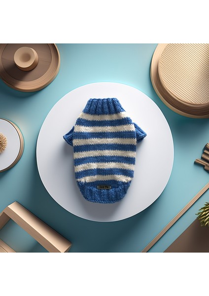 Kedi Köpek İçin Mavi Beyaz Çizgili Kazak