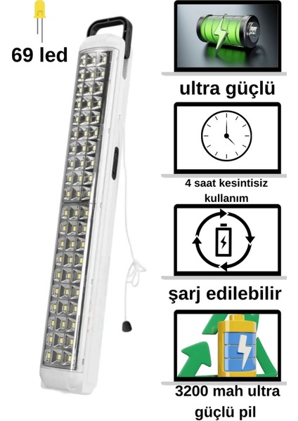 Elektrik Kesilince Otomatik Yanan 69 Ledli Şarjlı Işıldak Akülü 2023 Model Kamp Fener Lambası