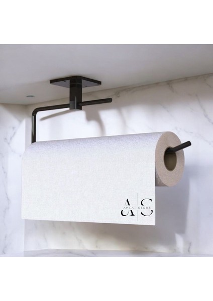 Siyah Paslanmaz Dolu Çelik, Kağıt Rulo Havluluk, Peçetelik, Yapışkanlı Tasarım, Mutfak Banyo Askısı