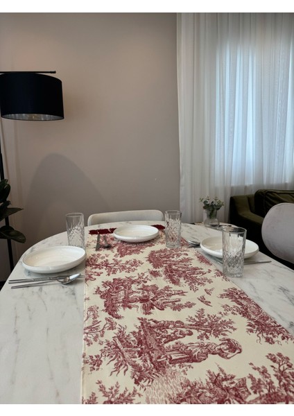 Kırmızı Püsküllü Fransız Köylüler Baskılı Keten Runner