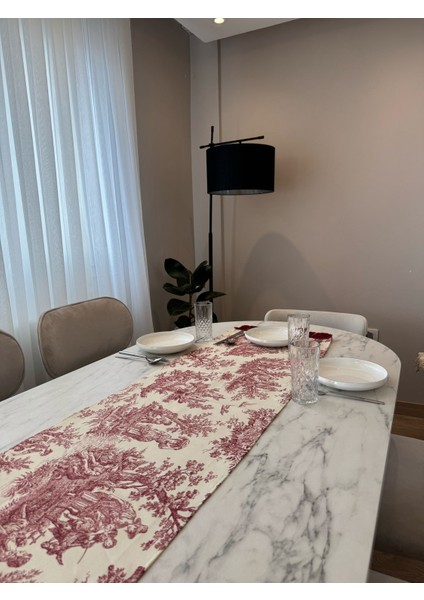 Kırmızı Püsküllü Fransız Köylüler Baskılı Keten Runner modelleri