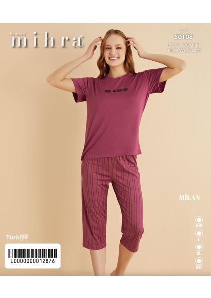 Kadın Bisiklet Yaka Milan Likralı Kapri Kısa Kol Pijama Takımı 50108M - 1 Adet