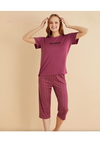 Kadın Bisiklet Yaka Milan Likralı Kapri Kısa Kol Pijama Takımı 50108M - 1 Adet