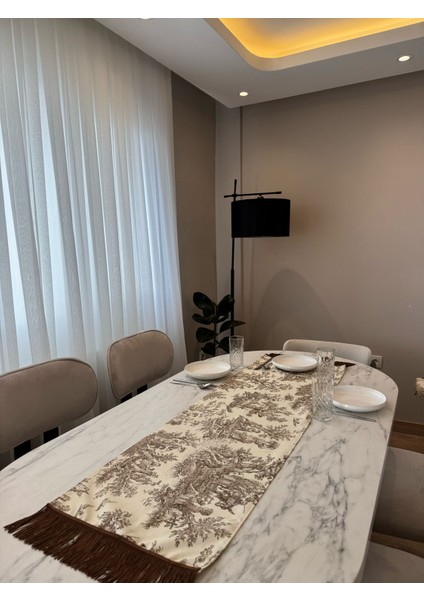 Kahverengi Püsküllü Fransız Köylüler Baskılı Keten Runner modelleri