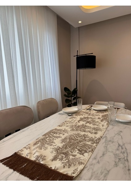 Kahverengi Püsküllü Fransız Köylüler Baskılı Keten Runner indirimleri