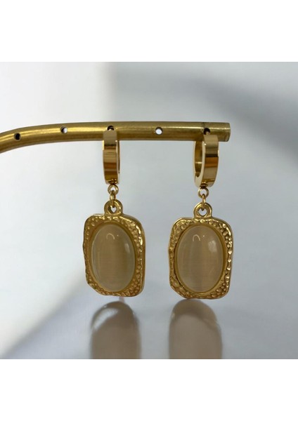 Sedef Dikdörtgen Çelik Gold Küpe