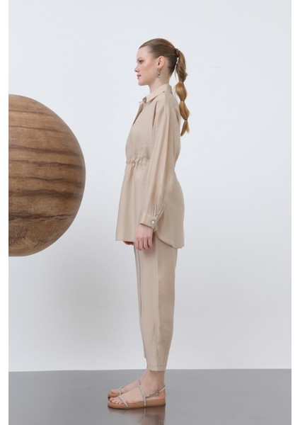 20610 Kadın Beli Büzgülü Gizli Patlı Pantolonlu Takım modelleri