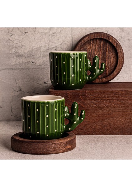 Kaktüs - 4 Parça 2 Kişilik El Yapımı Seramik Ahşap Tabaklı Türk Kahvesi Espresso Fincan Seti