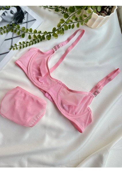 Pudra Açık Pembe Tül Balenli Sütyen & Tanga Iç Çamaşır Takım- Seksii-Fantezii fiyatları