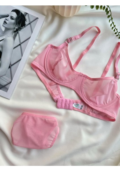 Pudra Açık Pembe Tül Balenli Sütyen & Tanga Iç Çamaşır Takım- Seksii-Fantezii modelleri