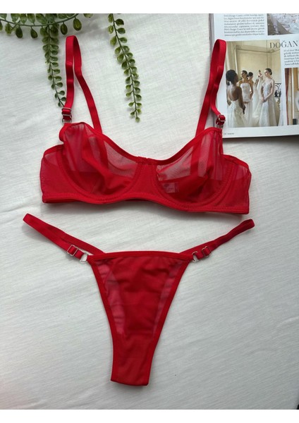 Kırmızı Tül Balenli Sütyen & Tanga Iç Çamaşır Takım- Seksii-Fantezii modelleri