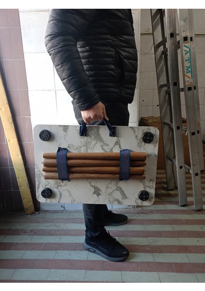 Portatif, Çok Amaçlı, Taşınabilir Kamp, Piknik, Seyehat Masası,-Mermer Desen- Ahşap Ayaklı