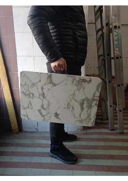 Portatif, Çok Amaçlı, Taşınabilir Kamp, Piknik, Seyehat Masası,-Mermer Desen- Ahşap Ayaklı