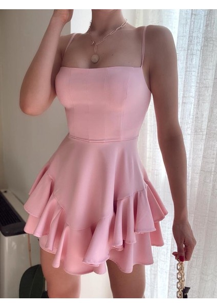 Ince Askılı Pudra Pembe Elbise Siyah Mezuniyet Elbisesi 102