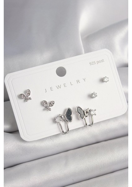 925 Ayar Gümüş Çivi Pirinç Gümüş Renk Zirkon Taşlı Kelebek Model Kadın Küpe Seti