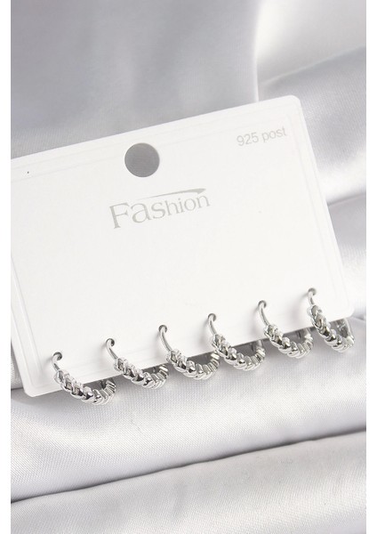 925 Ayar Gümüş Çivi Pirinç Gümüş Renk Kalp Işlemeli Halka Model Kadın Küpe Seti