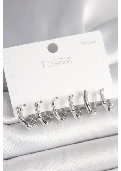 925 Ayar Gümüş Çivi Pirinç Gümüş Renk Bambu Halka Model Kadın Küpe Seti