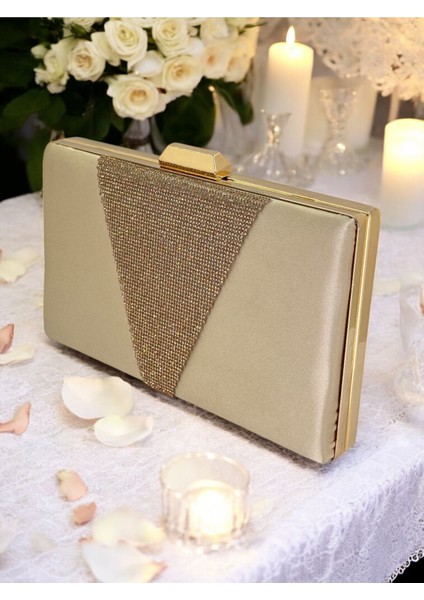 Altın Saten Rosegold Taşlı Abiye Çanta Gece Çantası Nişan Düğün Çantası