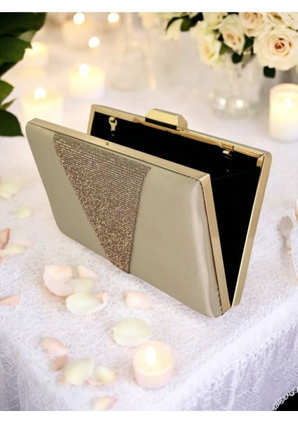 Altın Saten Rosegold Taşlı Abiye Çanta Gece Çantası Nişan Düğün Çantası