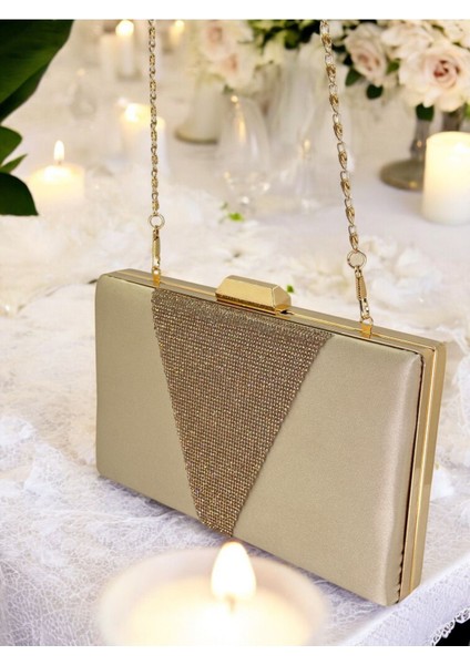 Altın Saten Rosegold Taşlı Abiye Çanta Gece Çantası Nişan Düğün Çantası